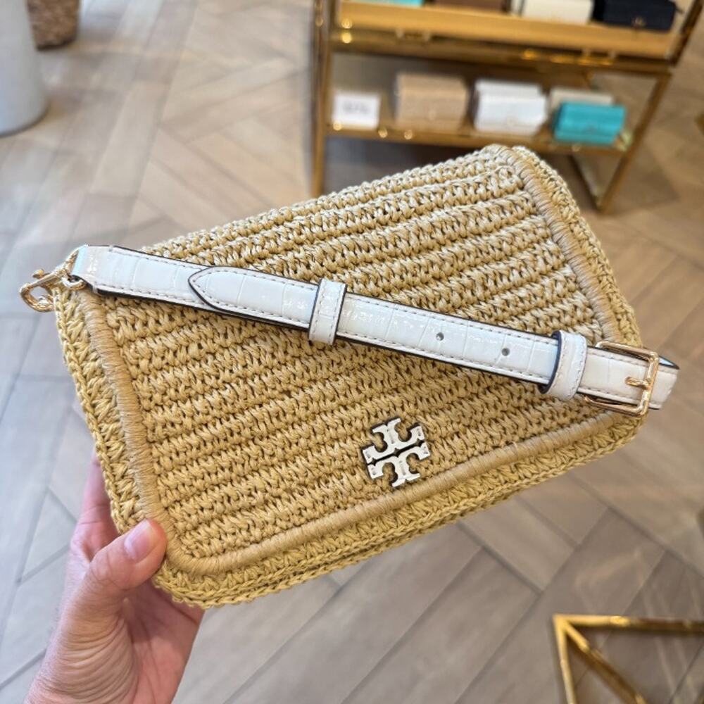 Tory Burch Thea Raffia Flap Shoulder Bag 180325 Raffia / Ice Crystal $625
